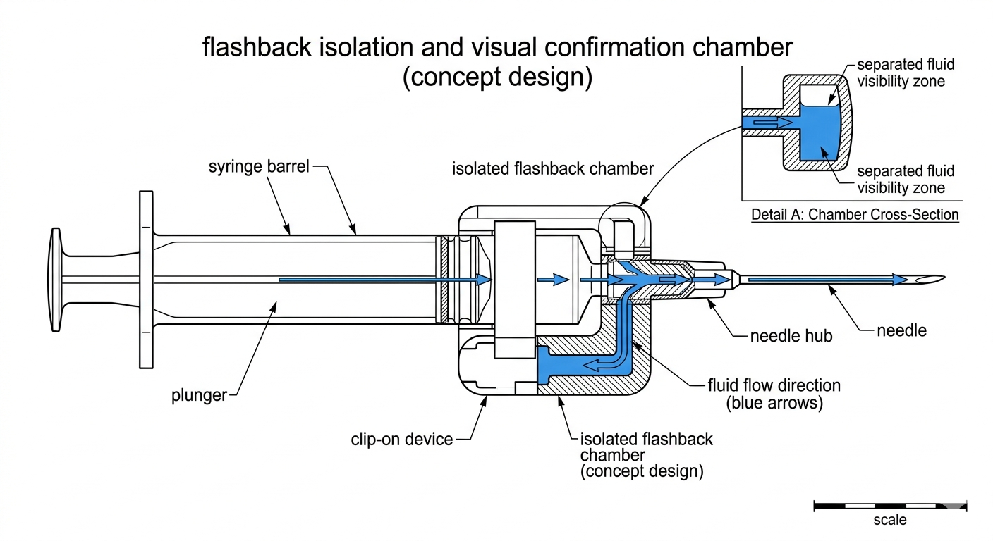 In-line Luer-lock flashback isolation fluid dynamic schematic diagram
